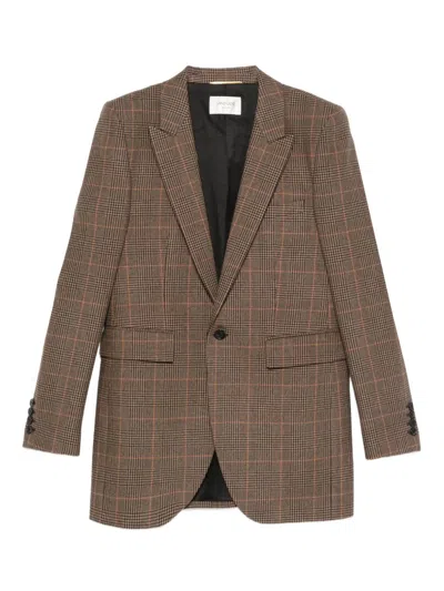 Saint Laurent Plush Checkered Single-breasted Blazer For Women In Brown