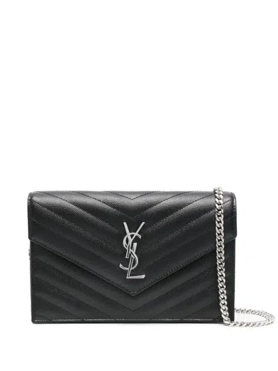 Saint Laurent Cassandre Envelope Chain Wallet In Grain De Poudre Leather In Black