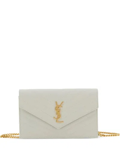 Saint Laurent Cassandre Envelope Chain Wallet In Grain De Poudre Leather In White