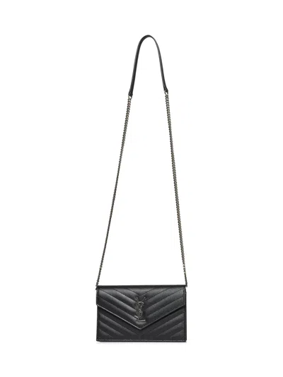Saint Laurent Pochette Envelope With Classic Cassandre Chain In Grain De Poudre Leather In Black