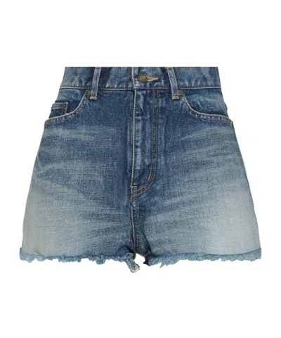 Saint Laurent Pockets Denim Shorts In Blue