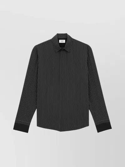 Saint Laurent Pointed Collar Striped Silk Shirt In Black