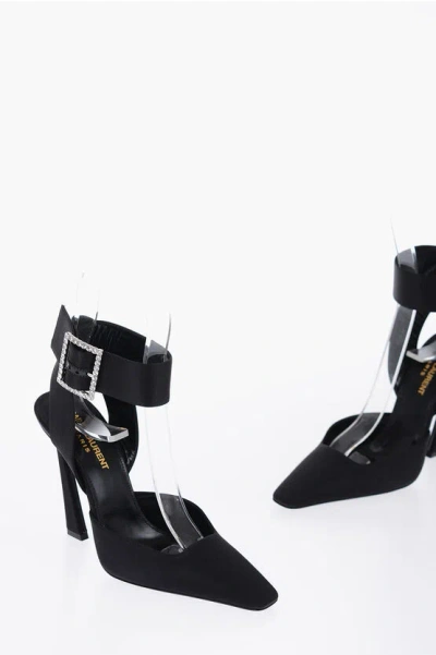 Saint Laurent Pointed Satin Sandals With Rhinestoned Buckle Heel 11 Cm In Black
