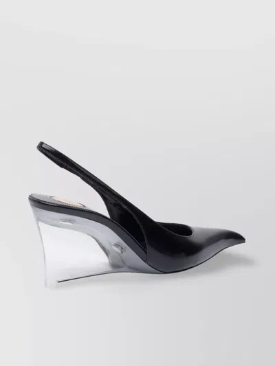 Saint Laurent Pointed Toe Glazed Leather Wedges With Transparent Heel In Black