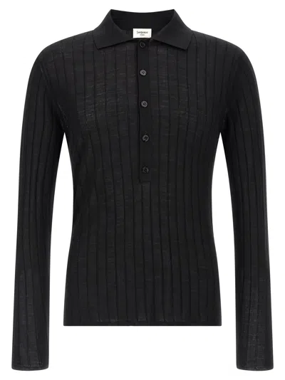 Saint Laurent Pointelle Wool Polo Shirt In Black