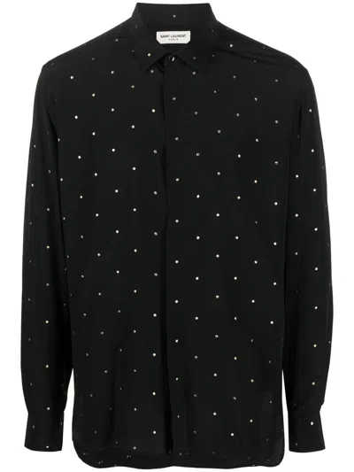 Saint Laurent Polka Dot Embroidery Silk Shirt In Schwarz