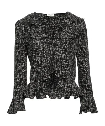 Saint Laurent Polka Dot Pleated Shirt In Black