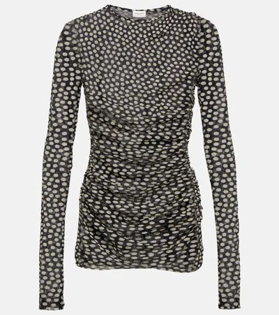 Saint Laurent Polka-dot Ruched Minidress In Black