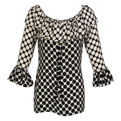 Pre-owned Saint Laurent Polka Dot Ruffle Blouse Ysl, 1985 In Black