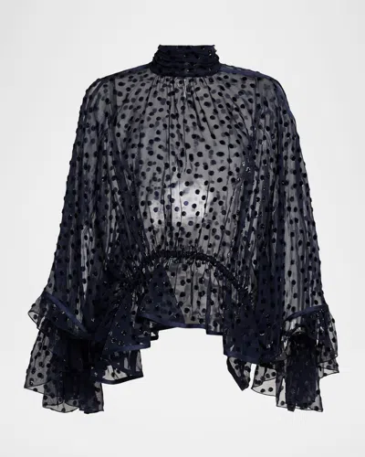 Saint Laurent Polka Dot Sheer High-neck Peplum Blouse In Blue