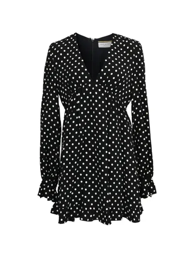 Pre-owned Saint Laurent Polka Dot V-neck Dress In Black