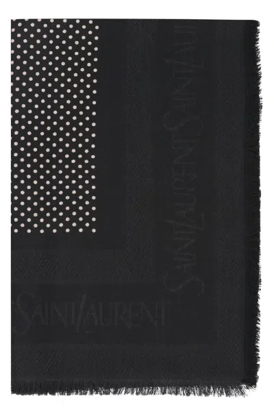 Saint Laurent Polka-dot Wool And Silk Scarf For Women In Black