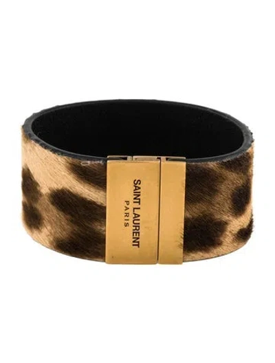 Pre-owned Saint Laurent Ponyhair & Leather Leopard Print Bangle Bracelet, 7" In Black/brown