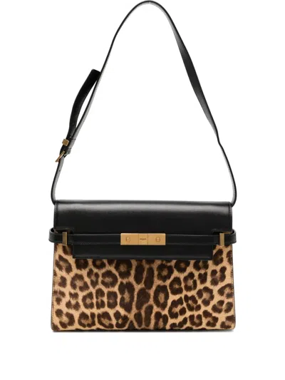 Pre-owned Saint Laurent Ponyhair-trimmed Manhattan Shoulder Bag In Black
