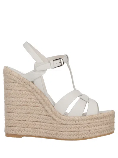Saint Laurent Tribute 85 Leather Espadrille Wedge Sandal In White