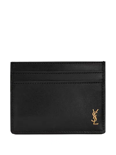 Saint Laurent Tiny Cassandre Glossy Leather Card Holder In Black