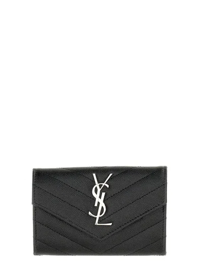 Saint Laurent Monogramme Envelope Quilted Textured-leather Wallet In Black