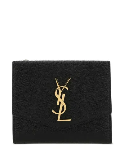 Saint Laurent Uptown Compact Grain De Poudre Leather Wallet In Black