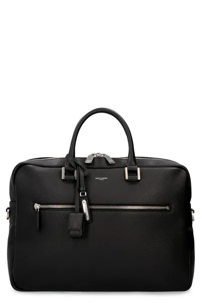 Saint Laurent Premium Leather Briefcase, Logo Detail, Versatile Black.