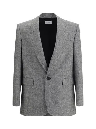 Saint Laurent Prince De Galles Wool Flannel Blazer In Gray