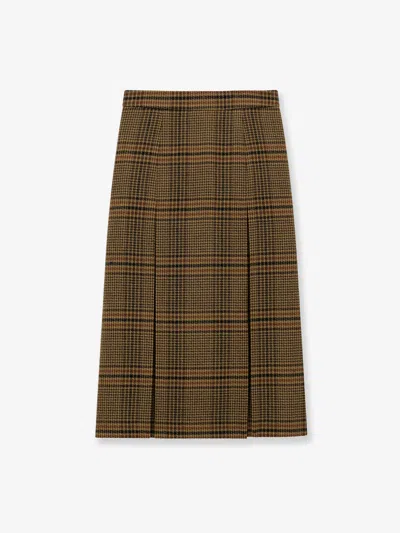 Saint Laurent Prince Of Wales Certified Virgin Wool Skirt In Brown