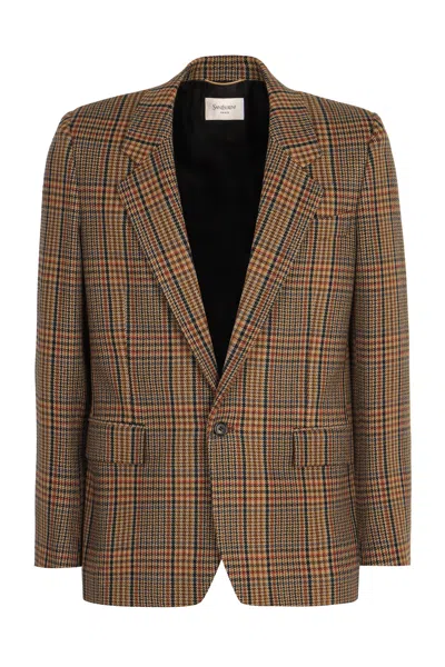 Saint Laurent Prince Of Wales Checked Jacket In Brown