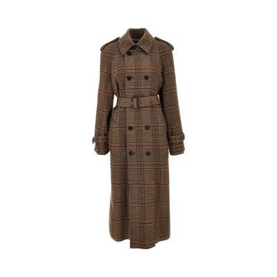 Saint Laurent Prince Of Wales Coat With Belt In Brown