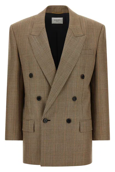 Saint Laurent Prince Of Wales Blazer Mit Hahnentrittmuster In Brown