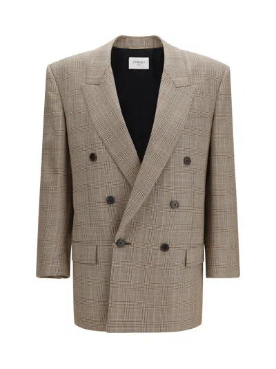 Saint Laurent Prince Of Wales Houndstooth Wool Blazer In Neutral