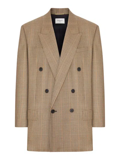 Saint Laurent Prince Of Wales Houndstooth Wool Jacket In Nude & Neutrals