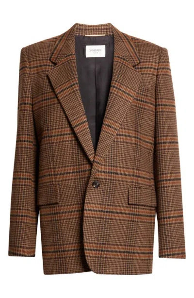 Saint Laurent Prince Of Wales Plaid Wool Blazer In Brown