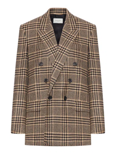 Saint Laurent Prince Of Wales Silk And Cashmere Jacket In Brown