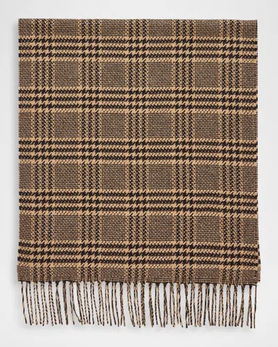 Saint Laurent Prince Of Wales Silk Cashmere Scarf In Brown