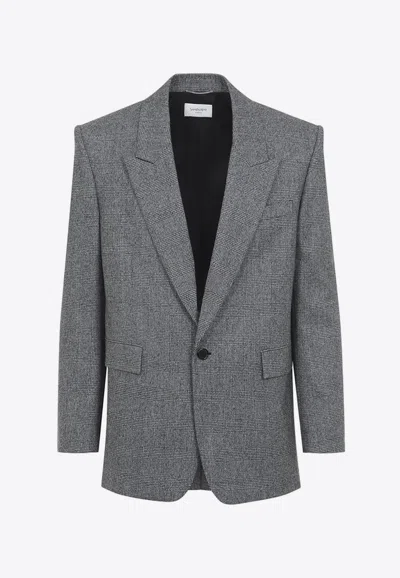 Saint Laurent Prince Of Wales Single-breasted Wool Blazer In Gray