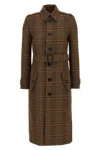 Saint Laurent Double-breasted Checked Trench Coat In Brown