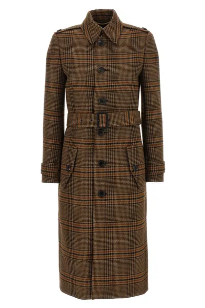 Saint Laurent Double-breasted Checked Trench Coat In Brown
