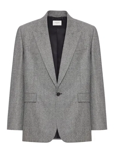 Saint Laurent Prince Of Wales Wool Flannel Jacket In Black