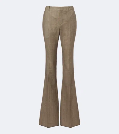 Saint Laurent Prince Of Wales Wool Flared Pants In Beige