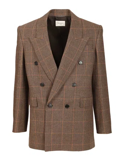 Saint Laurent Prince Of Wales Wool Jacket Jackets Beige In Brown