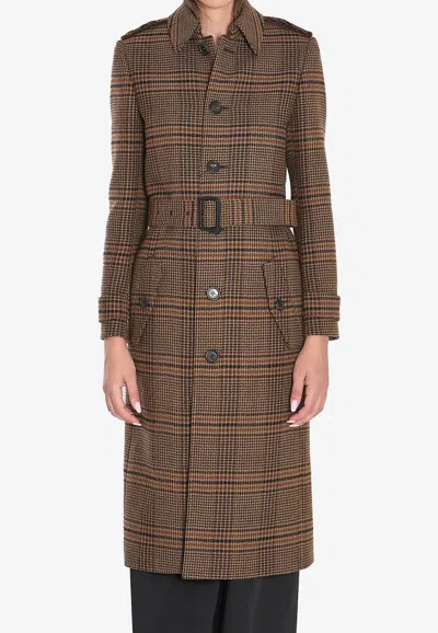 SAINT LAURENT PRINCE OF WALES WOOL LONG BELTED COAT