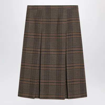 Saint Laurent Prince Of Wales Wool Midi Skirt In Brown