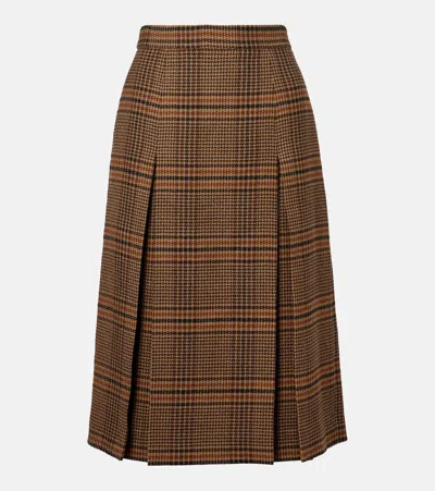 Saint Laurent Prince Of Wales Wool Midi Skirt In Brown
