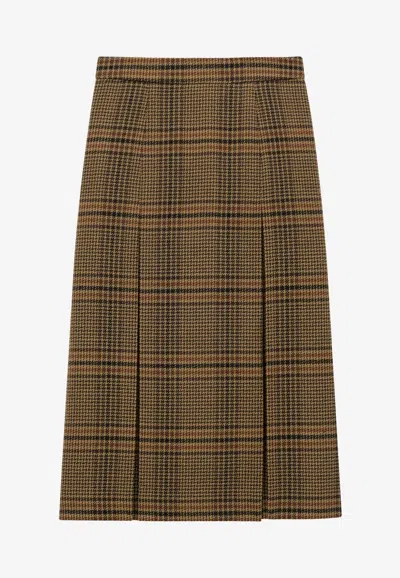Saint Laurent Prince Of Wales Wool Midi Skirt In Brown