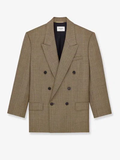 Saint Laurent Prince-of-wales Certified Wool Blazer In Beige