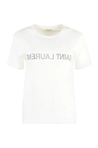 Saint Laurent Printed Cotton T-shirt In White