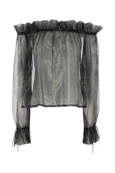 Saint Laurent Lurex Silk Creponne Top In Blue