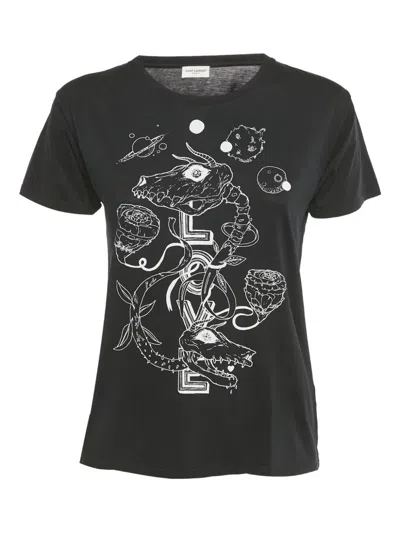 Pre-owned Saint Laurent Printed Crew-neck T-shirt In Black