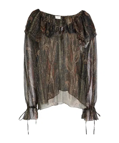 Saint Laurent Printed Sheer Blouse In Black