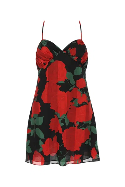 Saint Laurent Floral Silk Muslin Minidress In Noir Rouge Vert