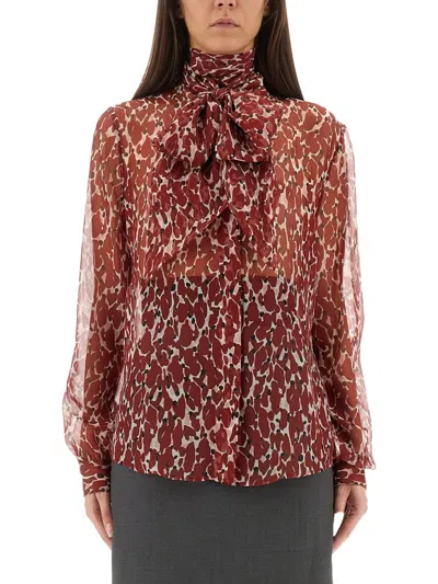 Saint Laurent Printed Silk Shirt In Burgundy